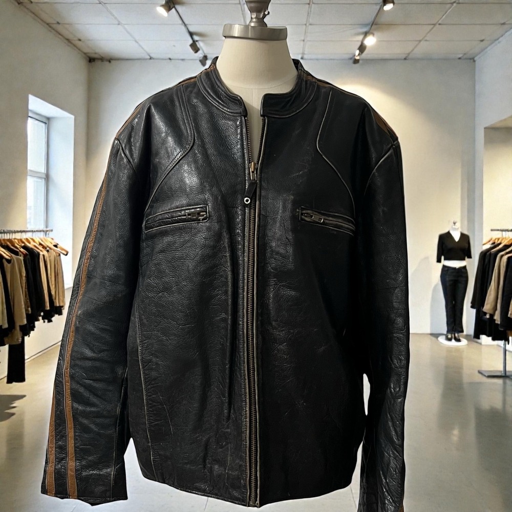 Wilsons Leather Black Cafe Racer Moto Jacket Brown Stripes Mens XL